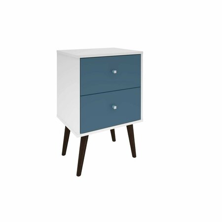 DESIGNED TO FURNISH Liberty Mid Century-Modern Nightstand 2 w/Solid Wood Leg 2 Full Extension Drawers, Wht & Aqua Blue DE2543546